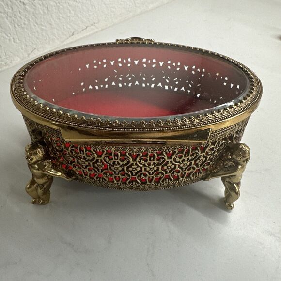 Vintage Ormulu Cherub Vanity Footed Jewelry Trinket Brass Box With Glass Top NIB - Picture 6 of 16